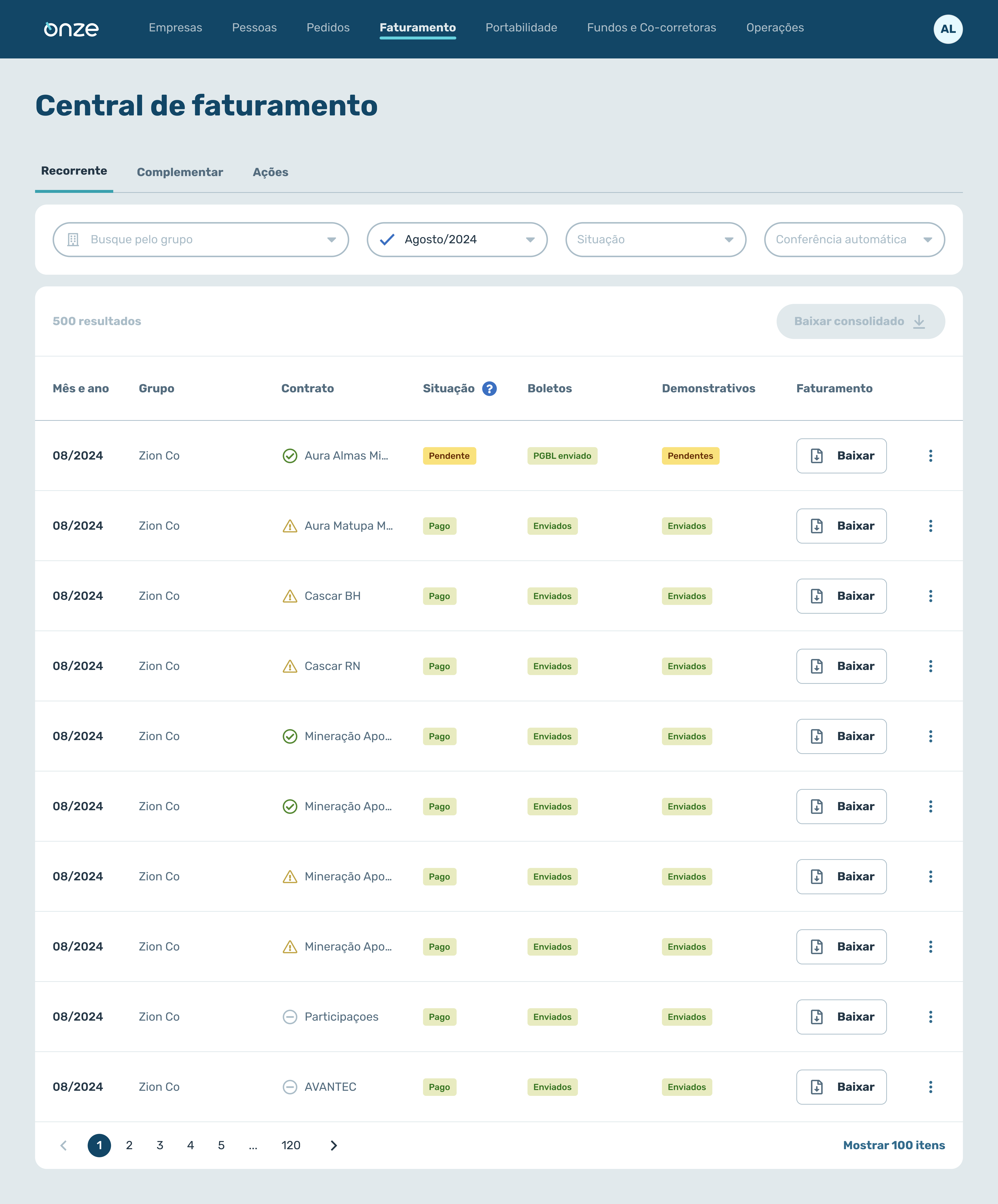 Billing Hub dashboard — table with invoice listing, payment status, and download actions
