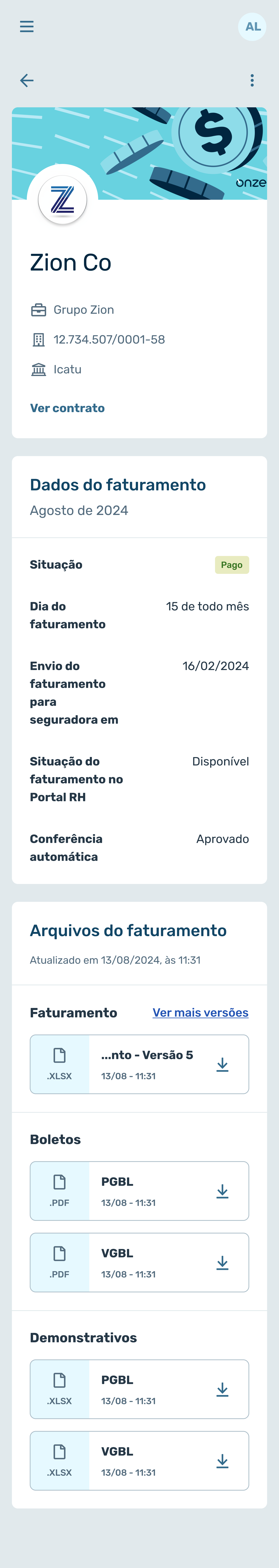 Billing Hub mobile version — contract details then mobile
