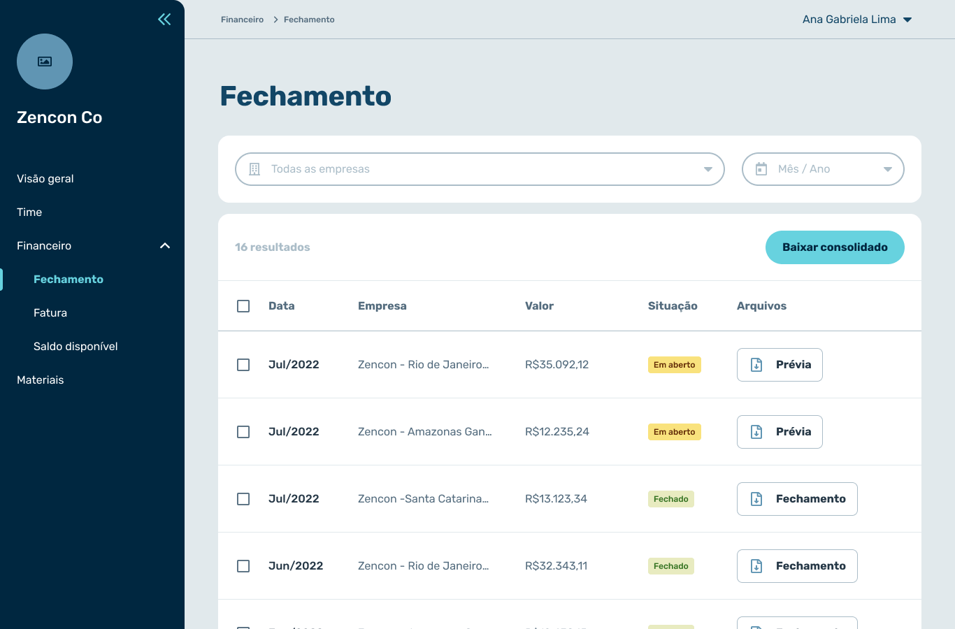 Financeiro — Monthly closing (page scroll forecast)