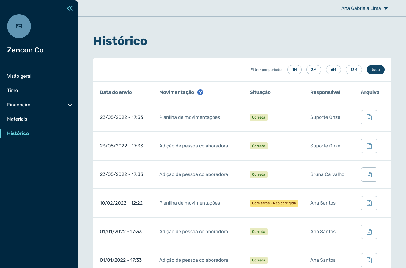 History of submissions and transactions (page scroll preview)