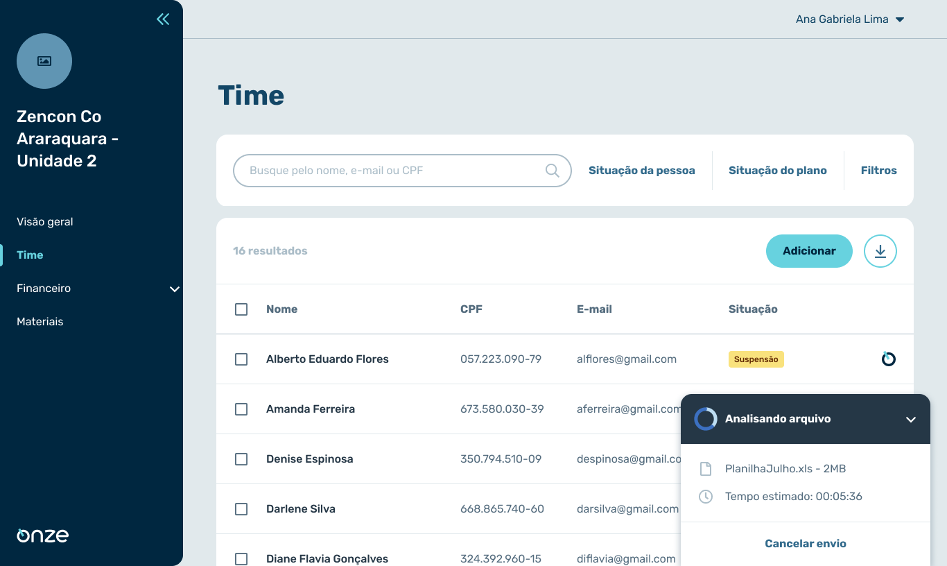 Team list — search, filters, and employee table