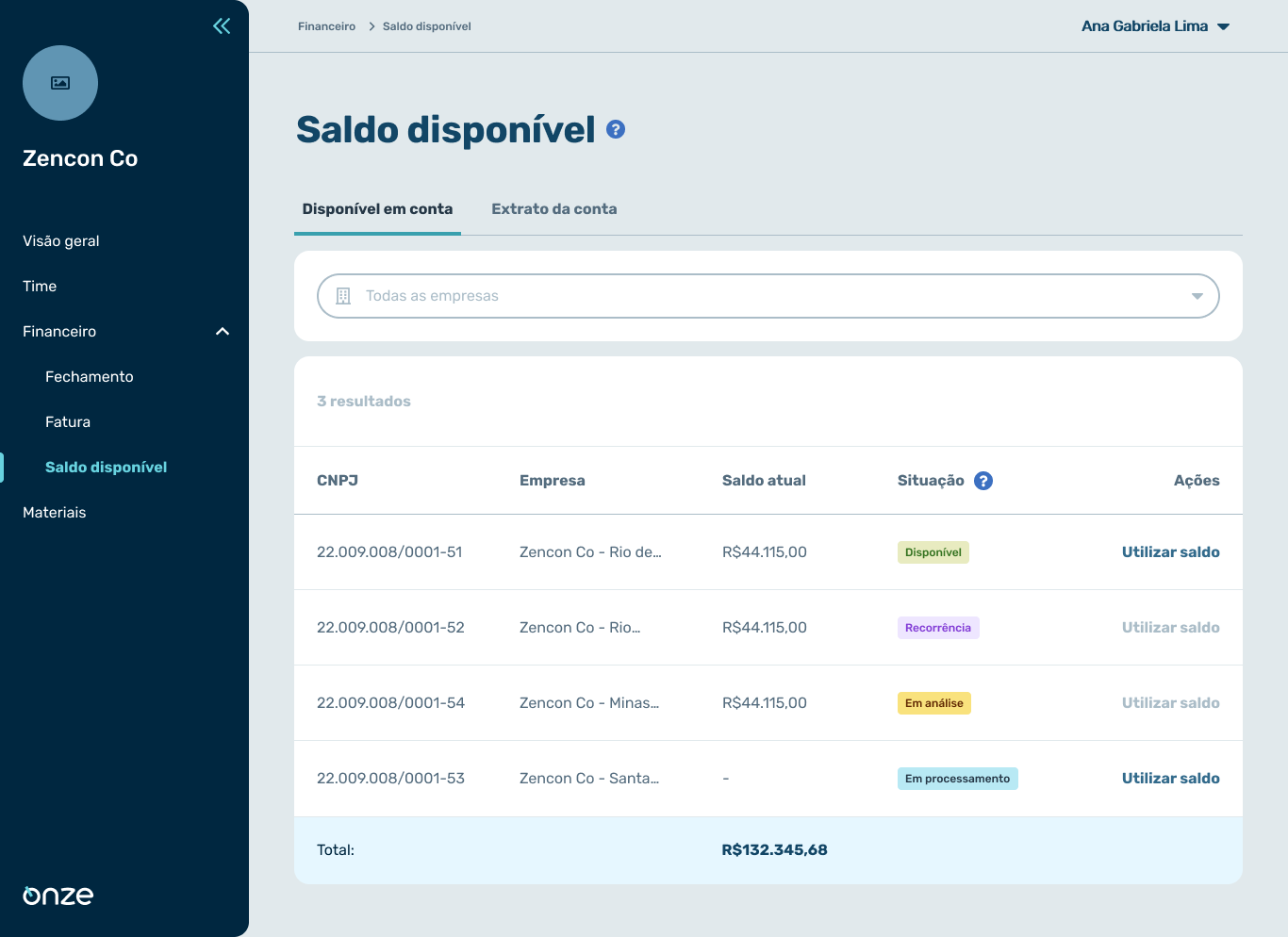 Finance — available balance by company account