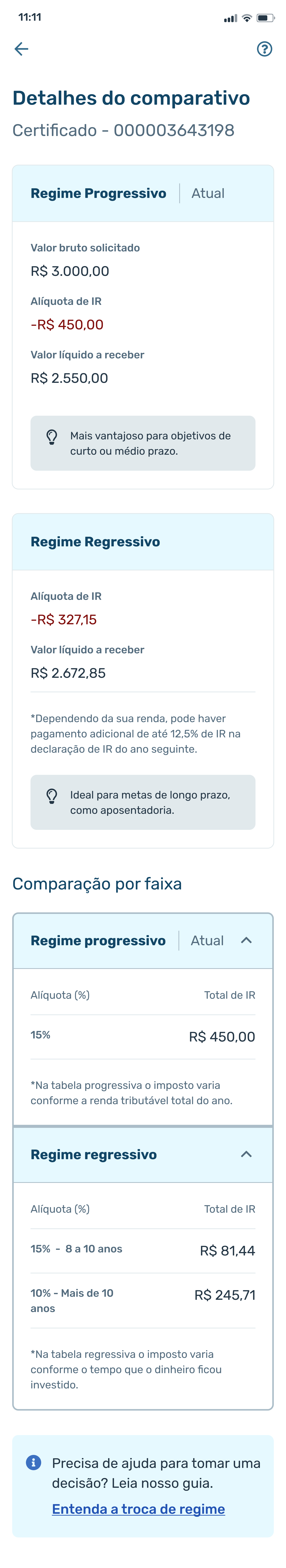 Tax regime comparison screen (mobile)
